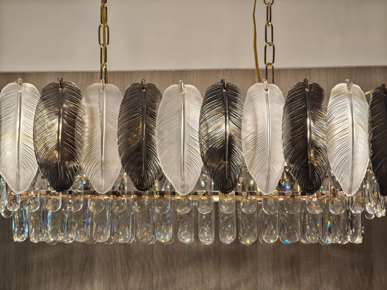 Sculptural feather and crystal chandelier